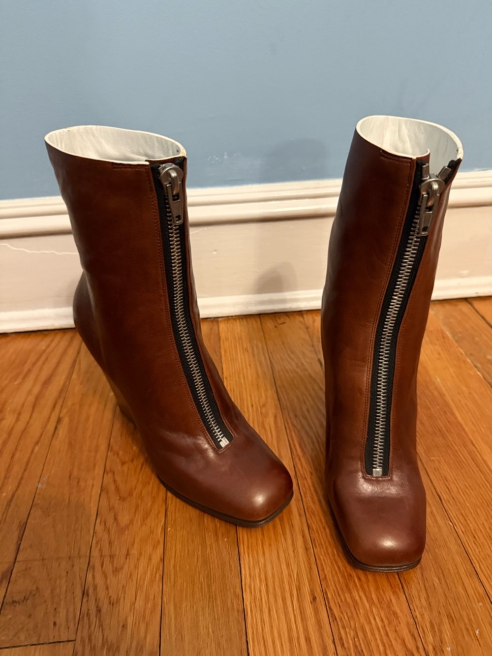 Celine Brown Leather Wedge Ankle Boots with Front Zip